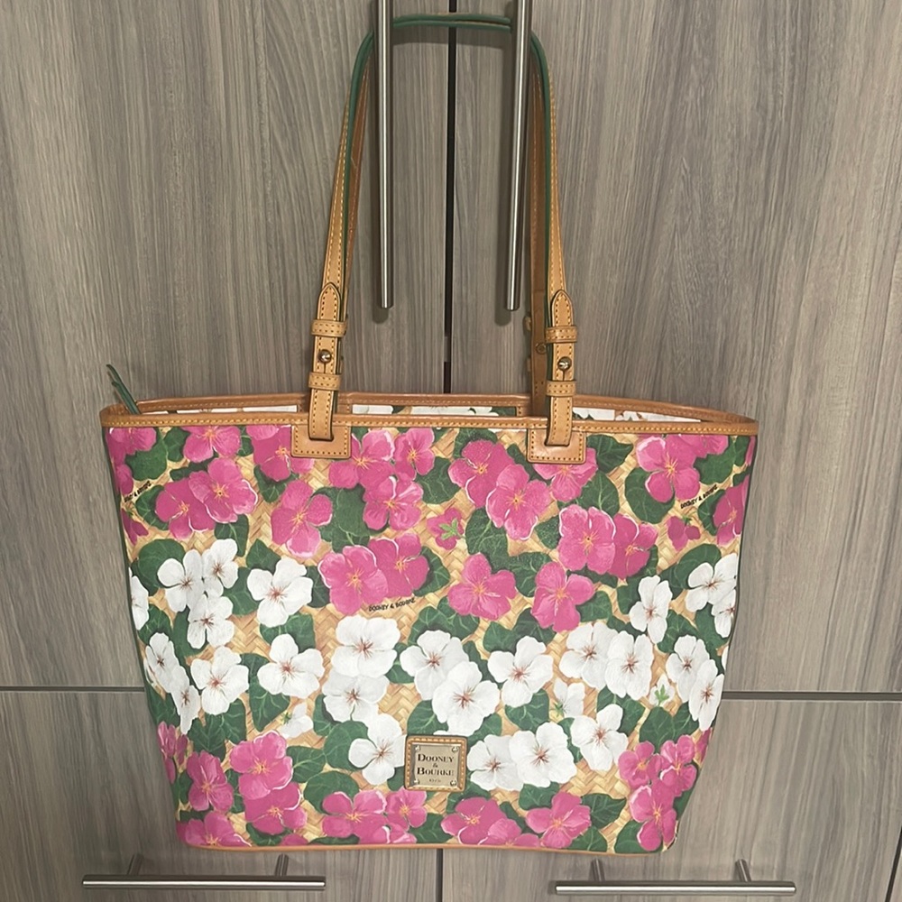 Dooney & Bourke Floral Canvas Tote in Pink, White, Green, Tan
